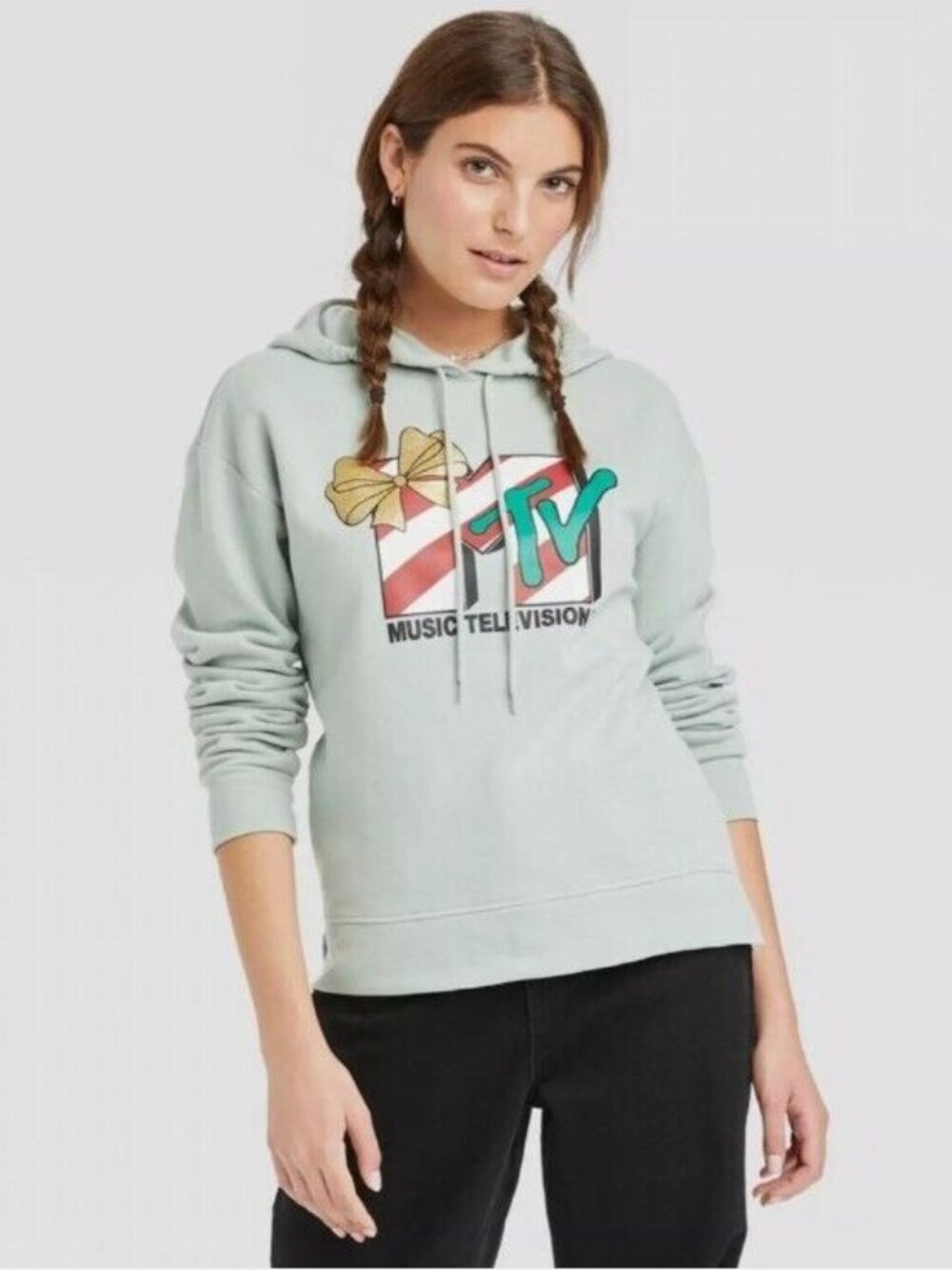 MTV Women's Size XL Christmas Hoodie Graphic Pullover Sweatshirt  Aqua Gray NEW